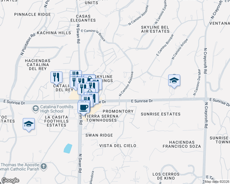 map of restaurants, bars, coffee shops, grocery stores, and more near 4901 East Sunrise Drive in Tucson