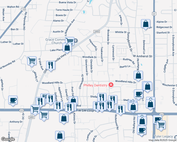 map of restaurants, bars, coffee shops, grocery stores, and more near 3507 Silverwood Drive in Tyler