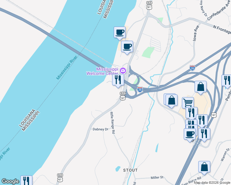map of restaurants, bars, coffee shops, grocery stores, and more near 90 Warrenton Road in Vicksburg