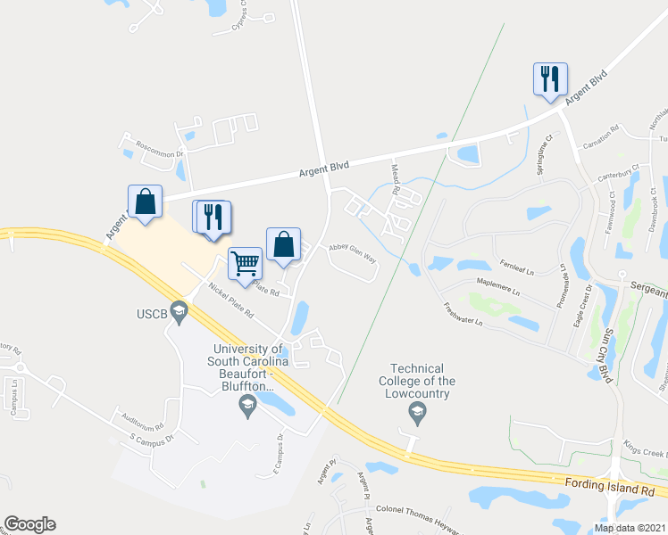 map of restaurants, bars, coffee shops, grocery stores, and more near Abbey Glen Way in Hardeeville