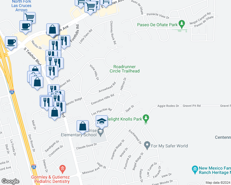 map of restaurants, bars, coffee shops, grocery stores, and more near 3255 Executive Hills Road in Las Cruces