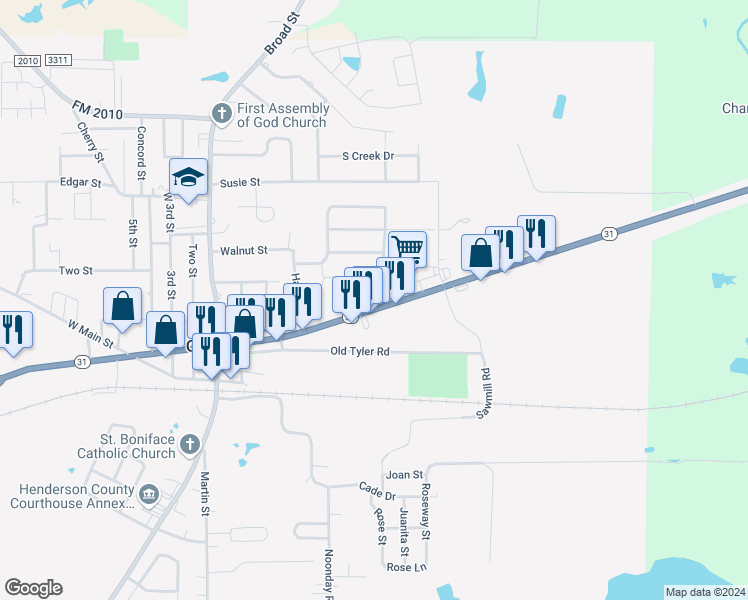 map of restaurants, bars, coffee shops, grocery stores, and more near 605 Texas 31 in Chandler