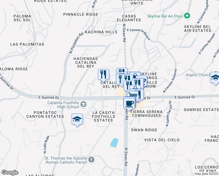map of restaurants, bars, coffee shops, grocery stores, and more near 5655 North Camino De Las Estrellas in Tucson