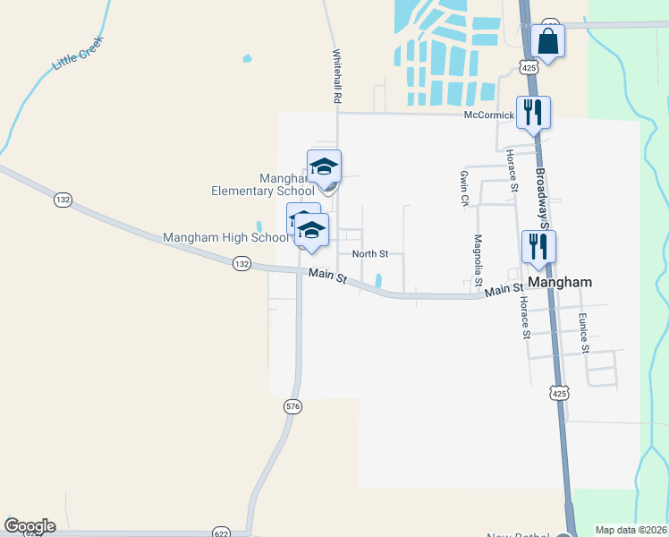 map of restaurants, bars, coffee shops, grocery stores, and more near 201 North Street in Mangham