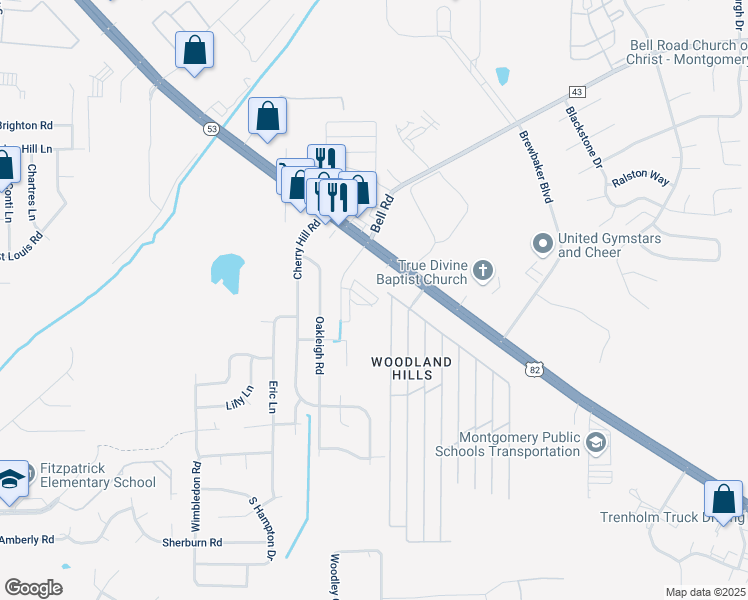 map of restaurants, bars, coffee shops, grocery stores, and more near 5911 Singleton Street in Montgomery