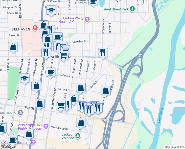 map of restaurants, bars, coffee shops, grocery stores, and more near 1001 Quinn Street in Jackson