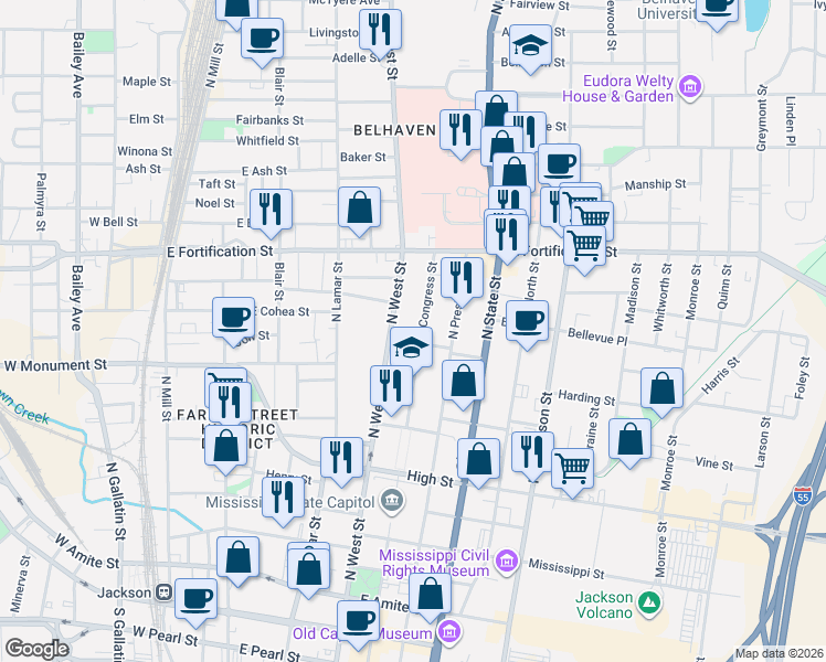 map of restaurants, bars, coffee shops, grocery stores, and more near 821-AB North Congress Street in Jackson