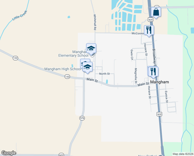 map of restaurants, bars, coffee shops, grocery stores, and more near 201-215 North Street in Mangham