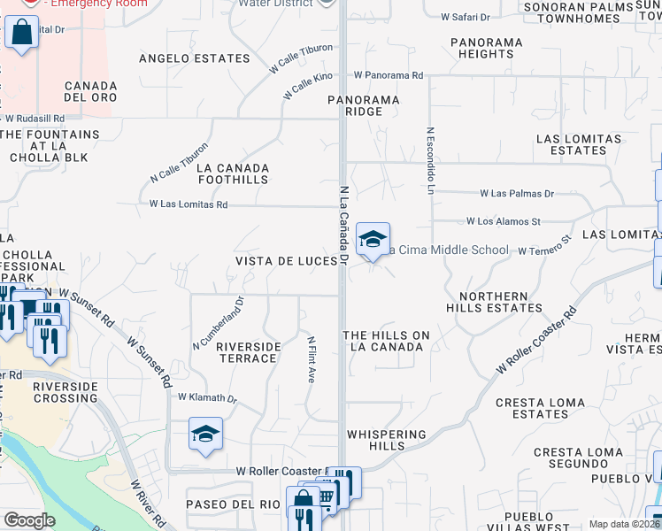 map of restaurants, bars, coffee shops, grocery stores, and more near 1400 West Vista Alesha in Tucson