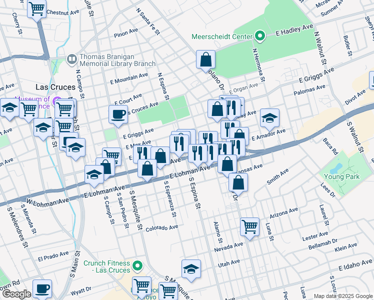 map of restaurants, bars, coffee shops, grocery stores, and more near 315 South Espina Street in Las Cruces