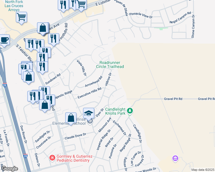 map of restaurants, bars, coffee shops, grocery stores, and more near 1001 Candeleras Street in Las Cruces