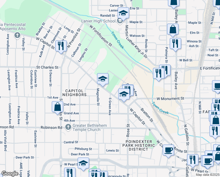 map of restaurants, bars, coffee shops, grocery stores, and more near 1406 West Capitol Street in Jackson
