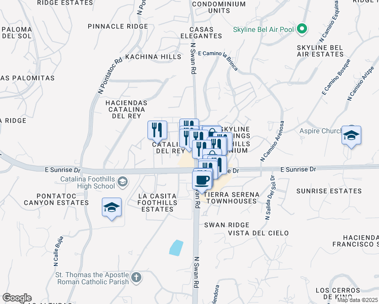 map of restaurants, bars, coffee shops, grocery stores, and more near 5637 North Swan Road in Tucson