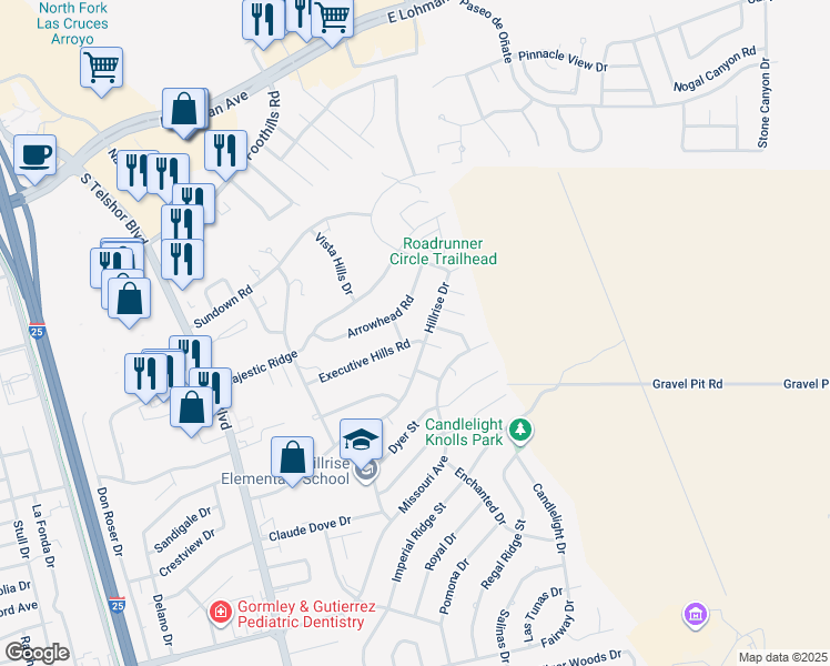 map of restaurants, bars, coffee shops, grocery stores, and more near 1001 Candeleras Street in Las Cruces