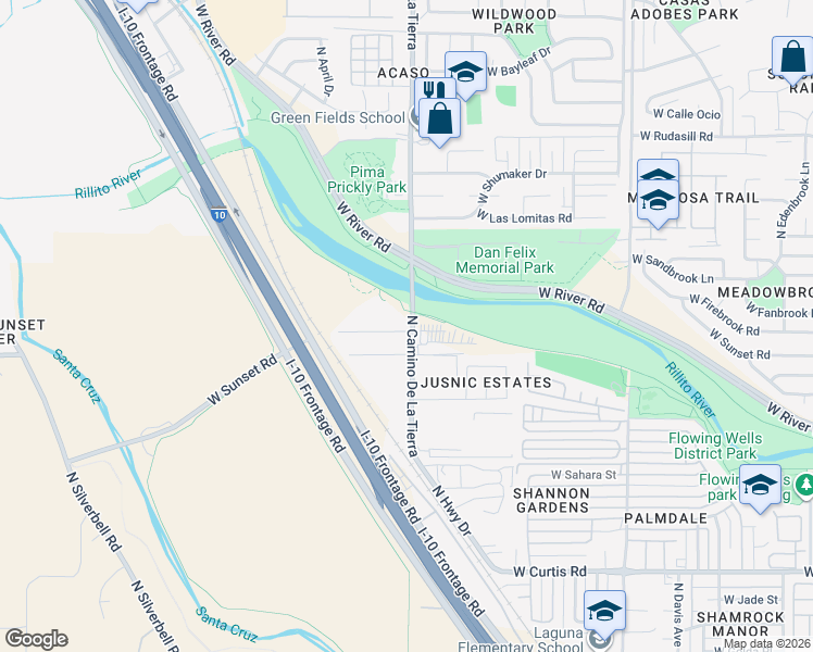 map of restaurants, bars, coffee shops, grocery stores, and more near 5651 North Camino De La Tierra in Tucson