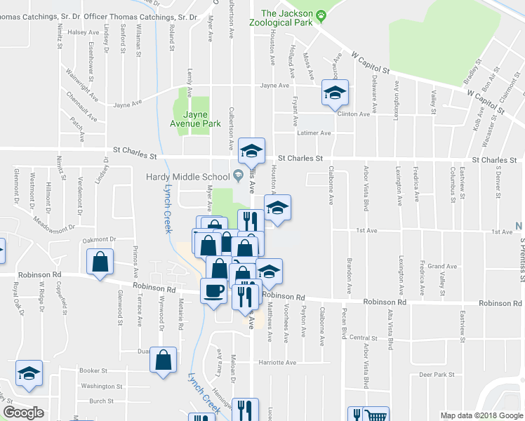 map of restaurants, bars, coffee shops, grocery stores, and more near 621 Houston Avenue in Jackson