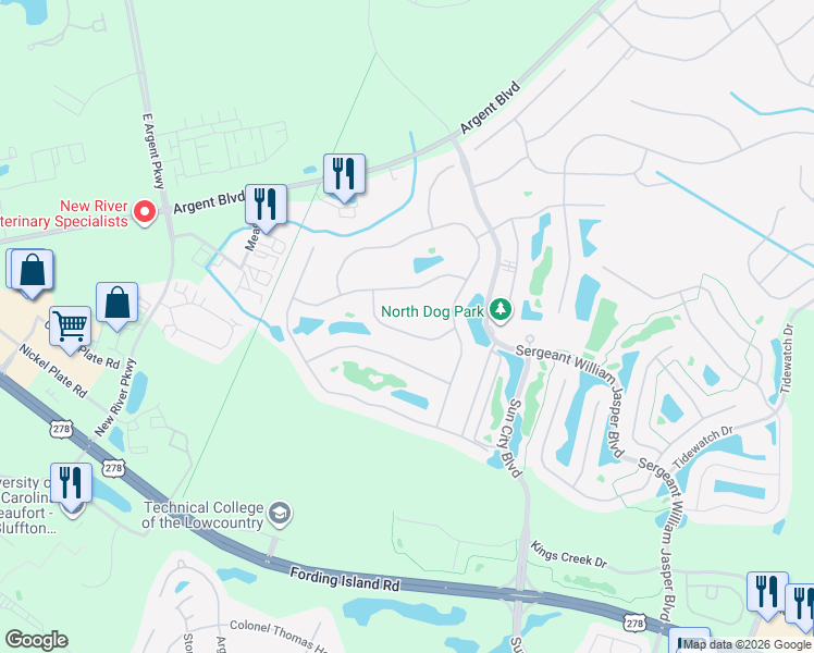 map of restaurants, bars, coffee shops, grocery stores, and more near 385 Palmdale Lane in Bluffton