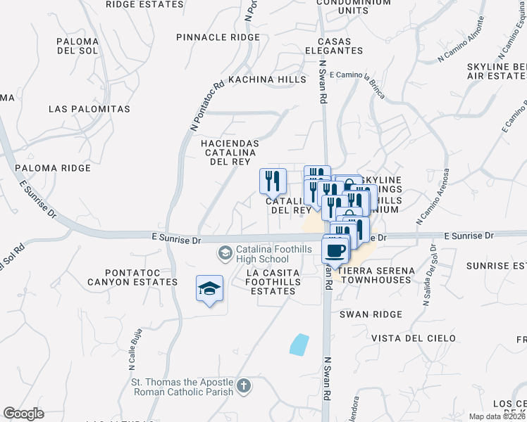 map of restaurants, bars, coffee shops, grocery stores, and more near 5689 North Camino Del Sol in Tucson