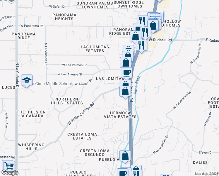 map of restaurants, bars, coffee shops, grocery stores, and more near 704 West Roller Coaster Road in Tucson