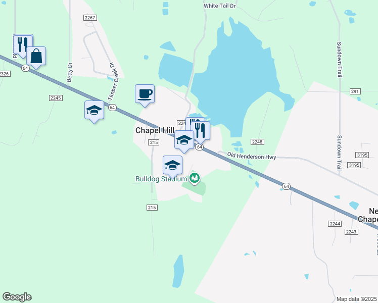 map of restaurants, bars, coffee shops, grocery stores, and more near 13172 State Highway 64 in Tyler