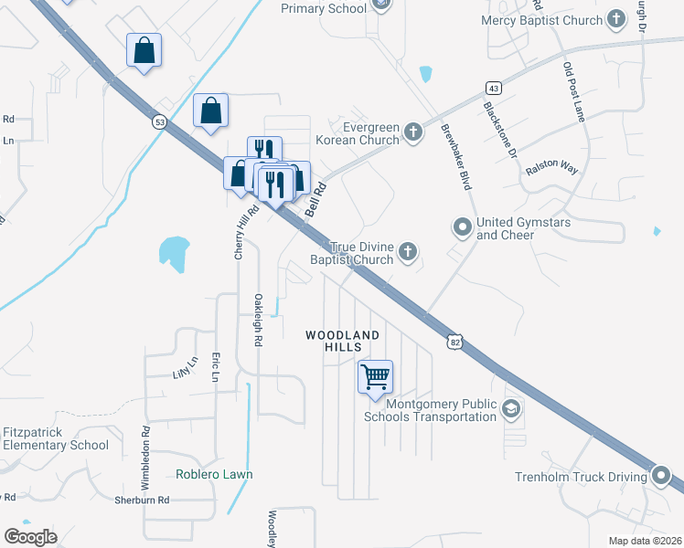 map of restaurants, bars, coffee shops, grocery stores, and more near 4590 Troy Highway in Montgomery