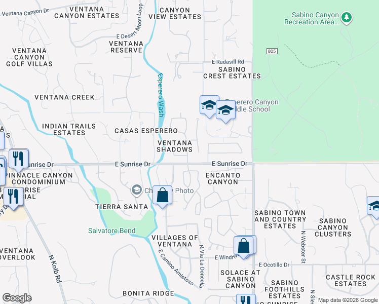 map of restaurants, bars, coffee shops, grocery stores, and more near 5642 North Vía Umbrosa in Tucson