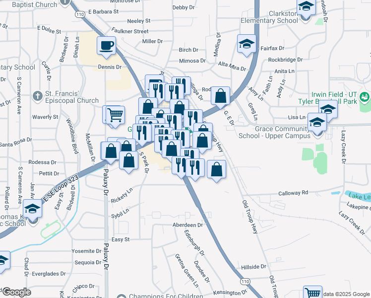 map of restaurants, bars, coffee shops, grocery stores, and more near 2301 Plume Drive in Tyler