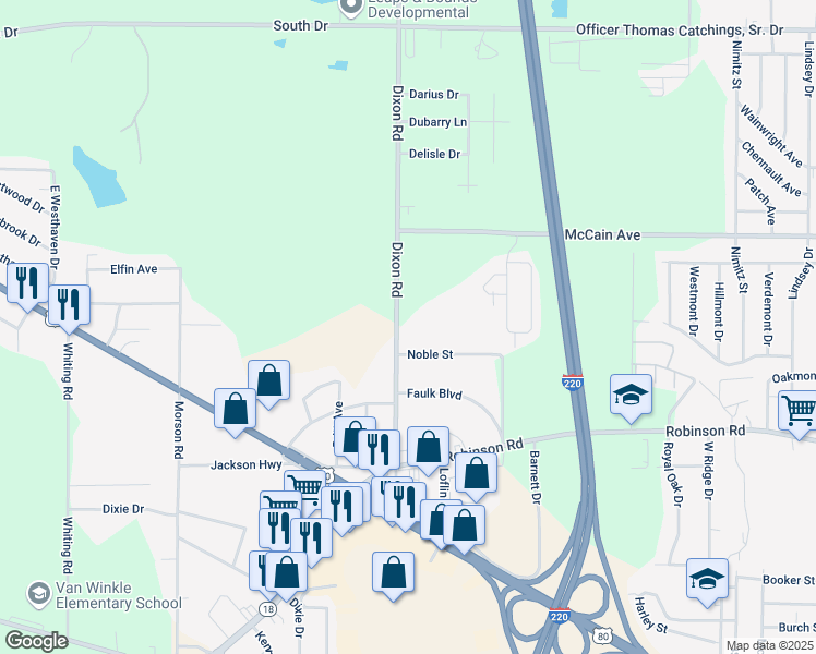map of restaurants, bars, coffee shops, grocery stores, and more near 300 Dixon Road in Jackson