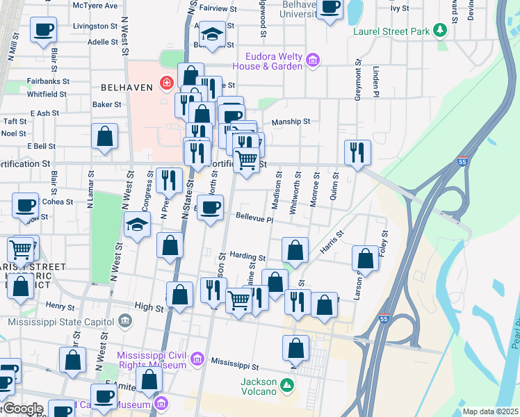 map of restaurants, bars, coffee shops, grocery stores, and more near 948 Bellevue Place in Jackson