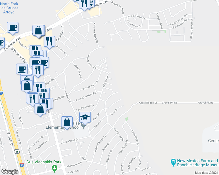 map of restaurants, bars, coffee shops, grocery stores, and more near 1062 Hillrise Court in Las Cruces