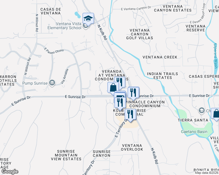 map of restaurants, bars, coffee shops, grocery stores, and more near 5751 North Kolb Road in Tucson