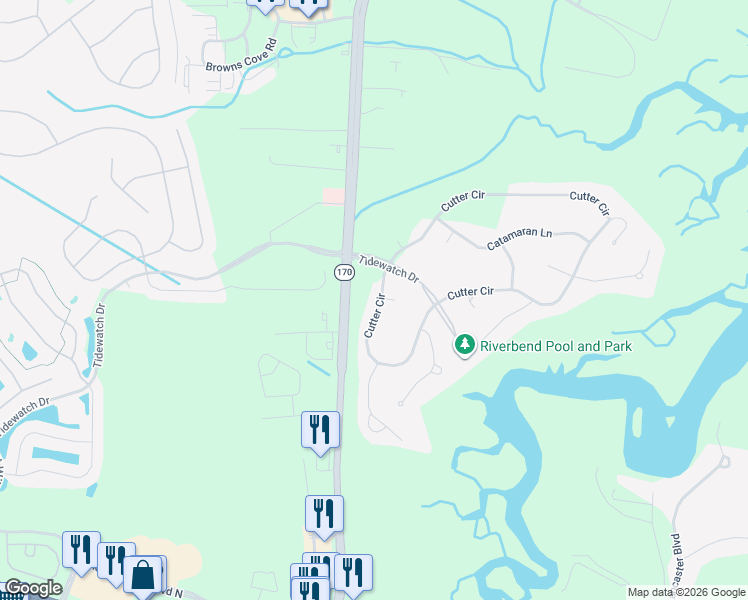 map of restaurants, bars, coffee shops, grocery stores, and more near 10 Cutter Circle in Bluffton