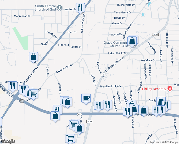map of restaurants, bars, coffee shops, grocery stores, and more near Loblolly Lane in Tyler