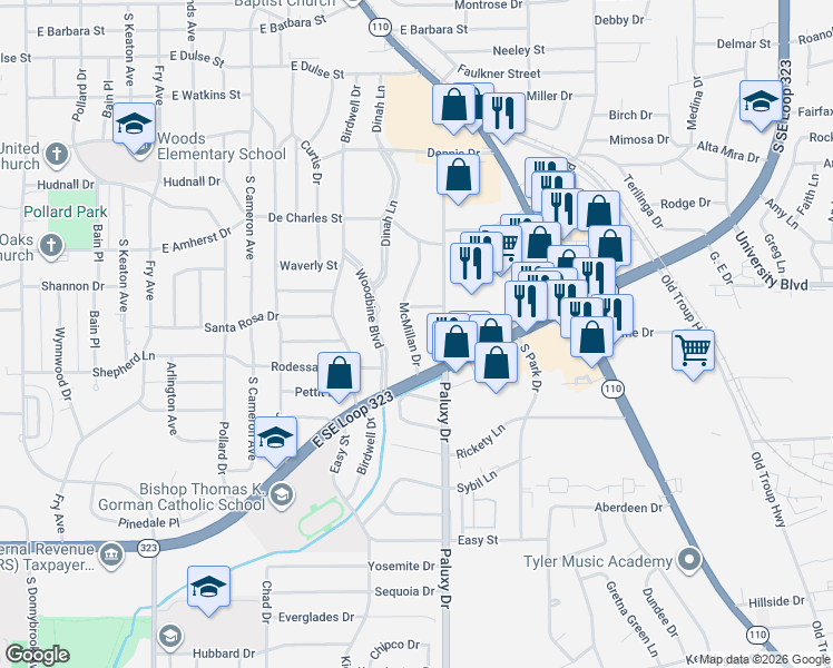 map of restaurants, bars, coffee shops, grocery stores, and more near 3518 McMillan Drive in Tyler