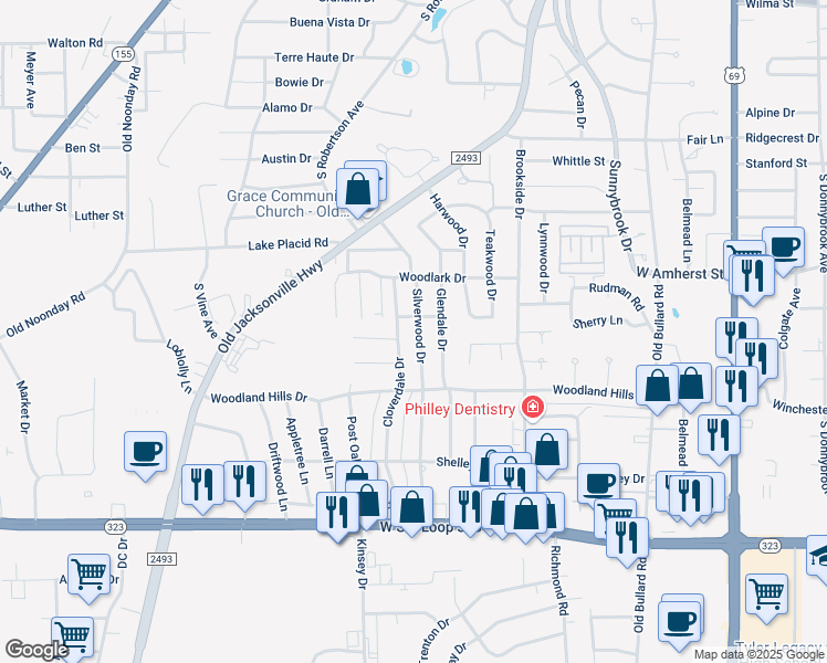 map of restaurants, bars, coffee shops, grocery stores, and more near 3507 Silverwood Drive in Tyler