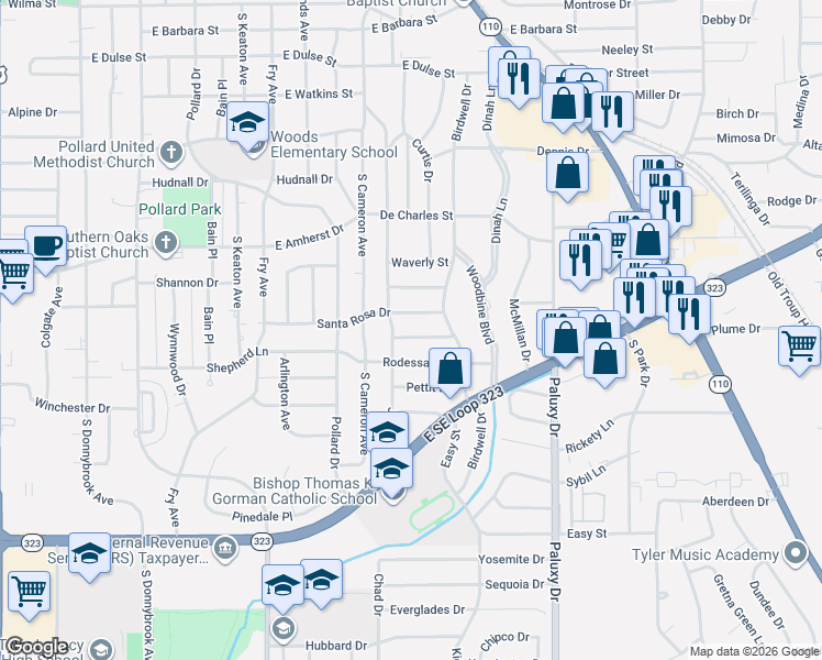 map of restaurants, bars, coffee shops, grocery stores, and more near 1414 Glenrose Street in Tyler
