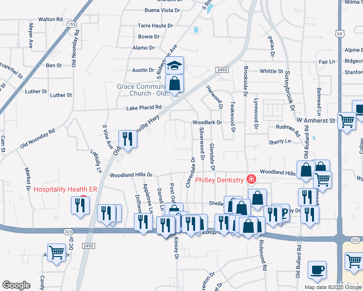 map of restaurants, bars, coffee shops, grocery stores, and more near 1213 Hampton Lane in Tyler