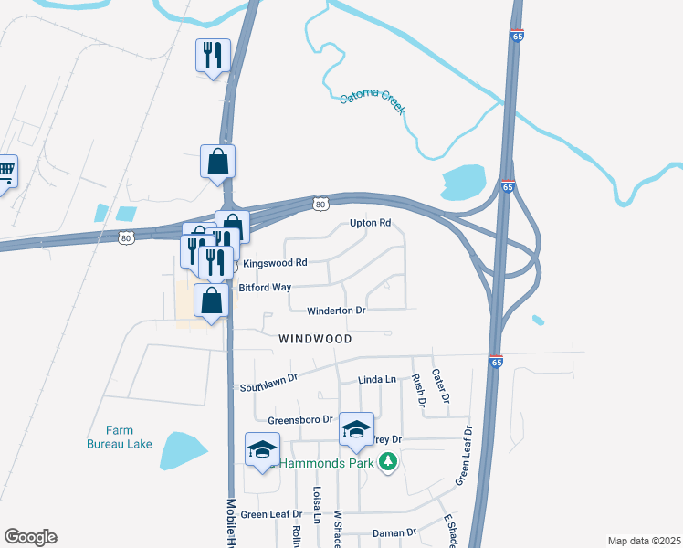 map of restaurants, bars, coffee shops, grocery stores, and more near 305 Bitford Way in Montgomery