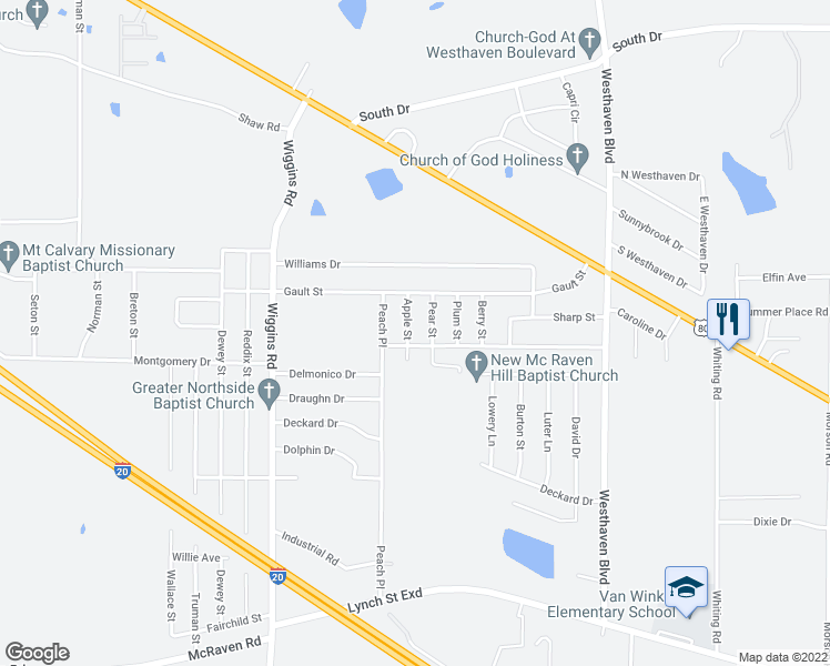 map of restaurants, bars, coffee shops, grocery stores, and more near 1444 Apple Street in Jackson