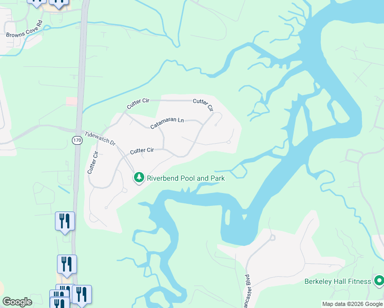 map of restaurants, bars, coffee shops, grocery stores, and more near 104 Cutter Circle in Bluffton