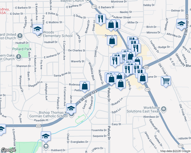 map of restaurants, bars, coffee shops, grocery stores, and more near 3514 Woodbine Boulevard in Tyler