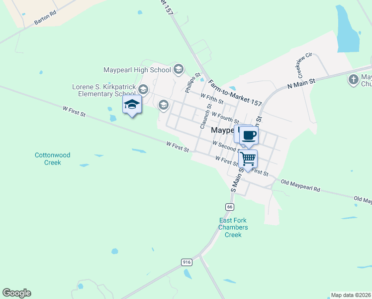 map of restaurants, bars, coffee shops, grocery stores, and more near West First Street in Maypearl