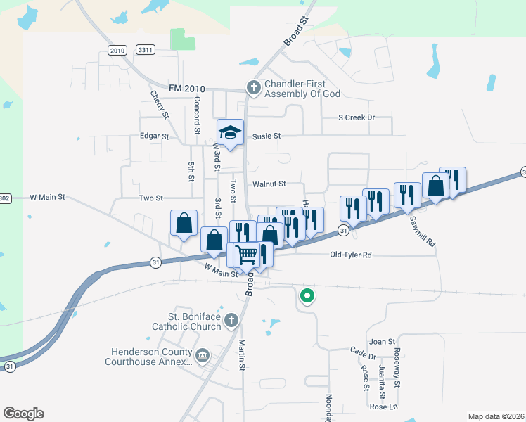 map of restaurants, bars, coffee shops, grocery stores, and more near 425 Azalea Lane in Chandler