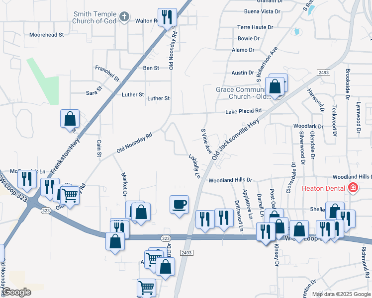map of restaurants, bars, coffee shops, grocery stores, and more near Loblolly Lane in Tyler