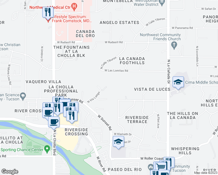 map of restaurants, bars, coffee shops, grocery stores, and more near 5644 North Vía Latigo in Tucson