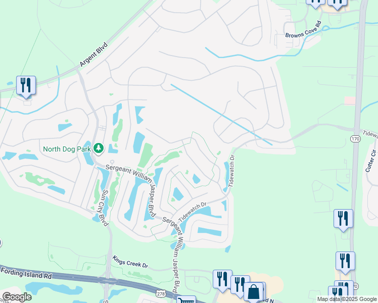map of restaurants, bars, coffee shops, grocery stores, and more near 626 Havenview Lane in Bluffton
