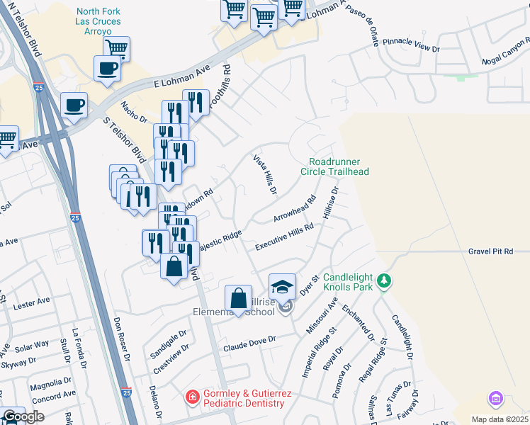 map of restaurants, bars, coffee shops, grocery stores, and more near 3110 Majestic Ridge in Las Cruces