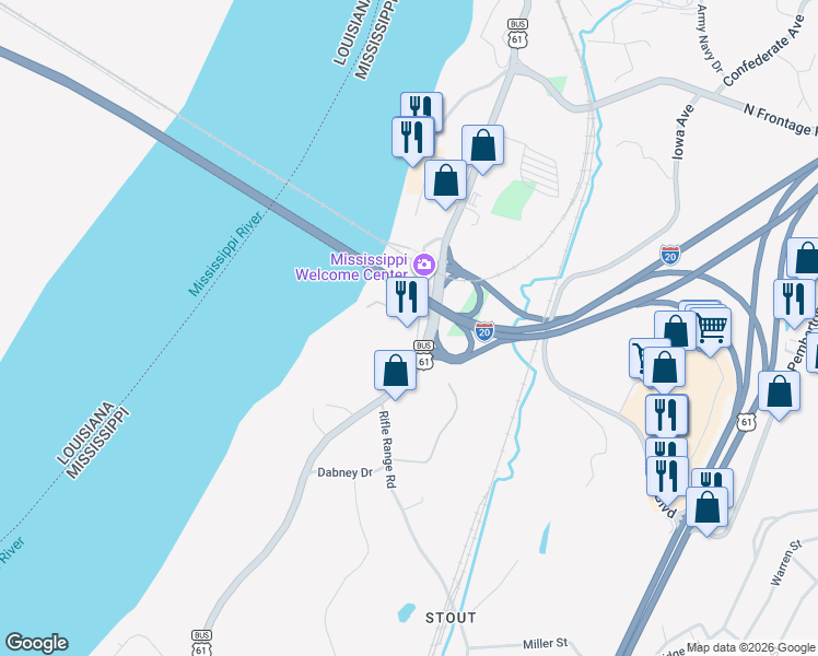 map of restaurants, bars, coffee shops, grocery stores, and more near 90 Warrenton Road in Vicksburg