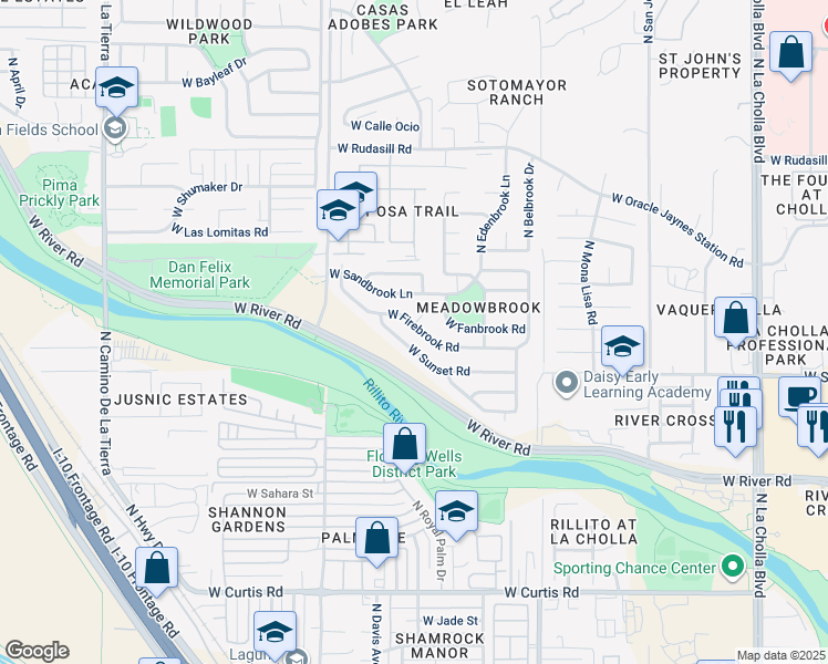 map of restaurants, bars, coffee shops, grocery stores, and more near 2733 West Firebrook Road in Tucson