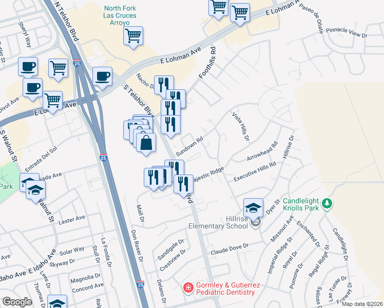 map of restaurants, bars, coffee shops, grocery stores, and more near 2975 Majestic Terrace Drive in Las Cruces